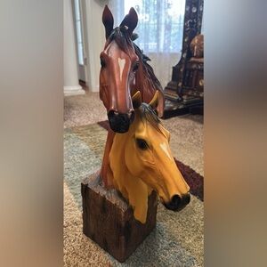 Majestic Dual Horse Head Sculpture in Brown and Tan